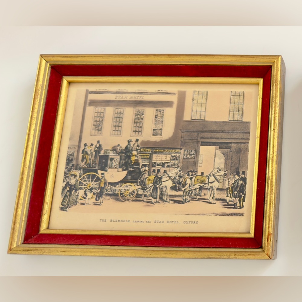 VINTAGE Antique Color Lithograph Framed Art Blenheim Leaving Star Hotel Oxford